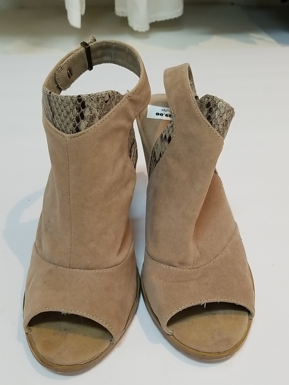 Restricted Taupe Suede Peep-Toe Wedge Sandals with Snake-Print Trim